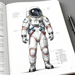 an engineering sketch diagram of a spacesuit, diagram, user manual, engineering design, digital art