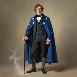 a victorian era spellcaster with a blue cape, stars, sincere, modern maximalist suit, is ( ( holding a cane ) ). light dust, magnificent, hyperdetailed, theatrical, painted by jean honore fragonard and greg rutkowski