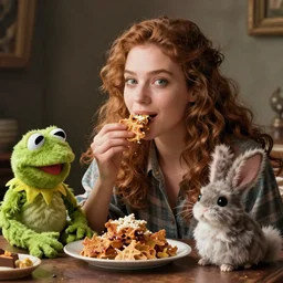 a woman eating muppets and Furbies