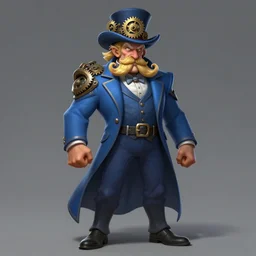 a highly detailed illustration of fancy blonde twirly moustache old man wearing hat with gears and blue suit, dramatic standing pose, muscular, intricate, elegant, highly detailed, centered, digital painting, artstation, concept art, smooth, sharp focus, league of legends concept art, wlop.