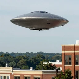 high resolution photo of a UFO hovering above Uptown Charlotte North Carolina, Sigma 85mm f/1.4