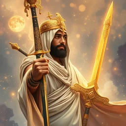 male bedouin warrior with the sword of allah surrounded by nebula, highly detailed, gold filigree, romantic storybook fantasy, soft cinematic lighting, award, disney concept art watercolor illustration by mandy jurgens and alphonse mucha and alena aenami, pastel color palette, featured on artstation