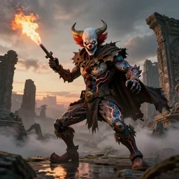 portrait of a diabolical cyborg clown viking with a flamethrougher, torn cape, dynamic pose, glowing eyes, ancient ruins, glowing veins subsurface scattering, in clouds, sunset, portrait, by gerald brom, by mikhail vrubel, by peter elson, muted colors, extreme detail, reflections, trending on artstation, 8 k