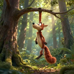 the marsupilami having fun in the forest, hanging, long tail, photo realistic, light rays, highly detailed