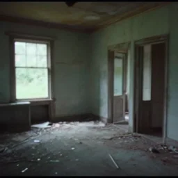 old vhs still frame fom a movie, abandoned house interior, low quality, distortion