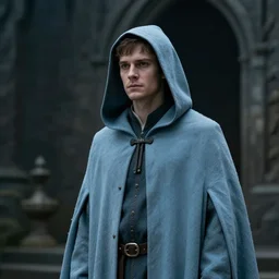 man with a light blue hood in a dark medieval castle, 1 9 9 1, movie still