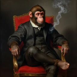 renaissance painting of a monkey wearing a suit sitting in a red chair, smoke, dramatic