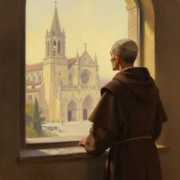 symmetry!! oil painting of a tonsured dominican monk in a brown habit, looking out of a monastery window contemplatively, a majestic cathedral in the background, hazy, digital art, artstation, cinematic, golden hour, digital art painting by greg rutkowski, cozy atmosphere, cinematic lighting
