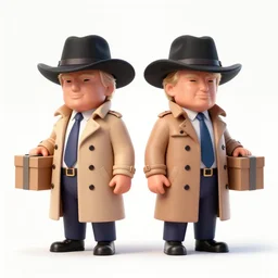 poster matte shaded illustration of two donald trumps wearing trench coats and big floppy black spy hats carrying boxes, starring in spy vs spy