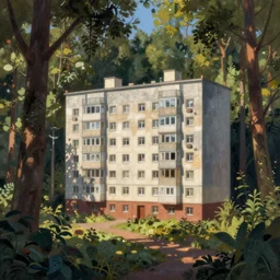 beautiful matte painting of cute soviet block of flats hrushevka in end of forest by stephan koldi,