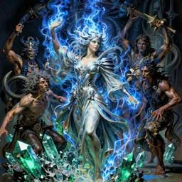 the female arcanist and the male artificer by frank frazetta and roger dean and brom and zdzisław beksinski and greg staples and wayne barlowe, beautiful, flowing magical robe, highly detailed, hyperrealistic, intricate, energy, electric, blue flame, low light, green crystal, high contrast, submissive, lifelike