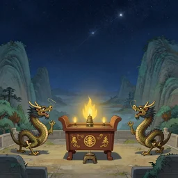 chinese landscape, big dipper star, altar, qi men alchemy, dragon