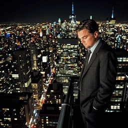 Leonardo DiCaprio on the top of the world trade center looking down to the city, 1990's, night time.