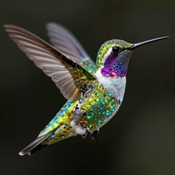 close up luminescent hummingbird, mechanical wings are highly detailed robotic miniature structures, very high details, raytracing, back light, by ilm, by digital domain, by weta digital