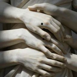 a stack of hands carved from marble, little black circles
