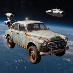 vintage, old, ussr, rusty, soviet, car iz 2 1 2 5!!! as a realistic scifi spaceship!!!, floating in space, thrusters placed instead of wheels!!, wide angle shot art by donato giancola and greg rutkowski, vintage retro scifi, realistic space, digital art, trending on artstation, symmetry!!!
