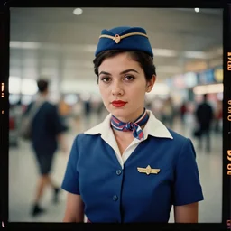 kodak portra 4 0 0, wetplate, muted colours, 5 0 0 mm lens, 1 9 6 0 s award winning colour portrait of a stewardess deep insight inside a 1 9 6 0 s airport in new york by saul leiter, insanely detailed, insanely intricate, depth of field, motion blur, vivid colours