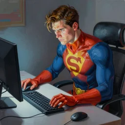 a insanely detailed painting of a nft superhero wearing a costume, sitting at a computer desk, nervously and clicking on the mouse, in the style of peter mohrbacher, dramatic lighting and composition, trending on artstation, concept art, comic book