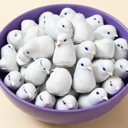 a huge purple bowl full of dove head tins that read dove head