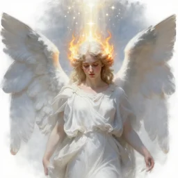 renaissance hyper realistic painting of white angel!!! beautiful face, no gender!!!, miracle light coming overhead!!, a lot of stars overhead!!!, fire around the head!, by caspar david friedrich, misty space, sfumato, christianity, holography, glow effect, large strokes, soft shadow and light, highdetailed, white background