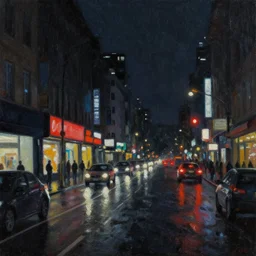 city streetscape, dark road with cars, people at night, tall buildings with shops below at street level, neon lights above shops, headlights and stop lights illuminating surroudings, raining, very dark lighting, abstract oil painting, 1 9 8 2 aesthetic