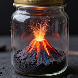 erupting volcano in a jar, colorful, shiny, realistic, 4 k