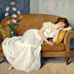 european woman in a gown drunk laying on couch, bloom flowers, modern, eclectic, illustration, by ramon casas
