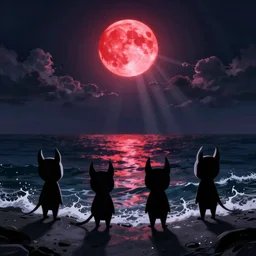 creatures looking at the sea with a big red moon reflecting in the waves, night, light rays, clouds, trending artstation, low angle, in the style of Hollow Knight