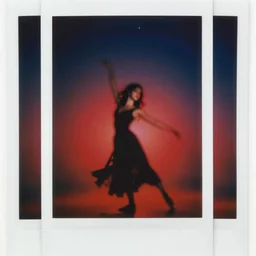 blured shadow of dancing young woman on red light, focused background blue night sky with stars, polaroid photo