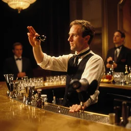 photoreal cinematography of joe turkel playing lloyd the bar tender from stanley kubrick's film the shining, bartending inside the elstree studios soundstage set for the overlook hotel goldroom bar shot on 3 5 mm eastman 5 2 4 7 film by the shining cinematographer john alcott shot on a cooke panchro 6 5 mm macro lens