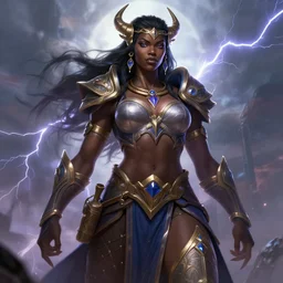 a highly detailed illustration of an amazon heroine berserker african god of lightning, muscular, thunderous sky background, intricate, elegant, highly detailed, centered, digital painting, artstation, concept art, smooth, sharp focus, league of legends concept art, WLOP
