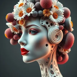 biomechanical beautiful woman portrait with a smooth carved porcelain ivory profile face, futuristic haute couture, iris van herpin, headdress with daisies, colorful puffballs, mushrooms, rhizomorphs, brackets, sponge corals, laser cut, red plump lips, seductive eyes, hyper detailed, ultra sharp, soft rim light, 8 k, uhd