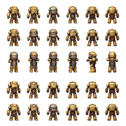 isometric character sprite sheet. small character sheet! characters! fallout npc, power armor! rotated left right front back, in gouache detailed paintings, props, stylized, 2 d asset sheet, kitbash, arcane, overwatch, 8 k, close up, white background