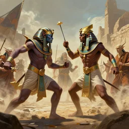 Egyptian Gnolls battle elf monks, by Greg Rutkowski, 4k, cinematic, motion