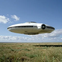 scientific spaceship hovering over a grassy field on an alien world, daylight, blue sky, light clouds in the sky, vanishing view perspective, Syd Mead, Sci-Fi