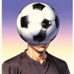 glossy old advertising poster of a a man with a humanoid soccer ball head, horror, drawn comic by junji ito, pastels, gradient,