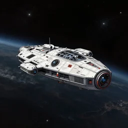 illustration, a single small spaceship, deep space exploration, alone, the expanse tv series, industrial design, battlestar galactica tv series (2004), cinematic lighting, 4k, greebles, widescreen, wide angle, sharp and blocky shapes, extraterrestrial paradise, hyper realistic, hubble photography, comic book palette, beksinski