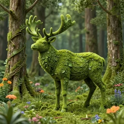 small and dense intricate vines, moss, roots, colorful flowers, and tree branches take the detailed form of an elk standing in a lush forest