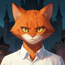 artgerm, jeehyung lee comic cover art, bobcat! with orange fur, symmetrical eyes, symmetrical face, white shirt!, dark castle background, cinematic lighting