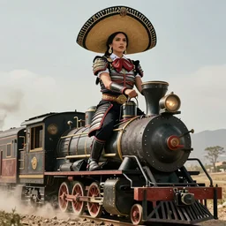 movie frame with mexican female riding on top of the steam punk train, armor inspired by ancient japan and fashion, symmetrical face, epic, perfect body, award winning, establishing shot, extremely high detail, photorealistic, provocative, octane render, editorial, extreme sports photography