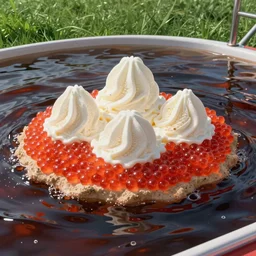 an island made of red caviar, in the center of this island there are several mountains made of white ice cream, the water around this island is made of coca - cola ( dark brown water ), the photo was taken from a boat, without green grass, without green grass, 3 5 mm, cinematic