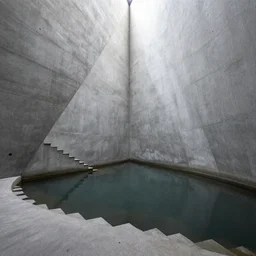 dingy abandoned concrete room, triangular room, gray, museum, concrete staircase leading down, staircase flooded with water to create a moon pool, Photograph.