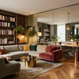 atmospheric, reflections, award winning contemporary modern interior design city apartment, living room, cozy and calm, fabrics and textiles, colorful accents, brass and copper, many light sources, lamps, oiled hardwood floors, book shelves, couch, desk, plants