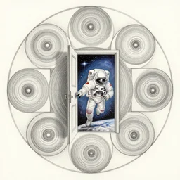 golden ratio, circles, squares, perfection, intricate, sublime, heavenly, doorway, detailed, pencil art, spirals, colored, astronaut suite, human astronaut opening door that shows the universe illustrated by davinci