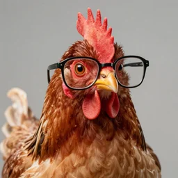 a close up portrait of a very sophisticated!!! chicken wearing glasses!. Staring at the camera!!!