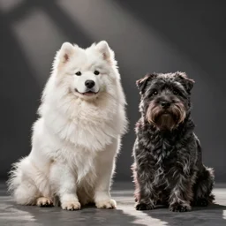 samoyed and scottish fold sitting next to each other