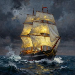 A beautiful painting of a singular Sailing ship, shining its light across a tumultuous sea of rage by greg rutkowski and thomas kinkade, Trending on artstation. -6