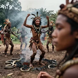 sensual scene from art house film by alejandro jodorowsky, roger ballen, surreal dance scene of ritual in a picturesque outdoors setting, ashes, new guinea mud man, costumes, snakes, smoke, close - up of the actors'faces, sharp, medium format 6 x 6, 1 6 k