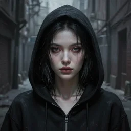 ultra realist and ultra intricate detailed soft painting of a female nosferatu, black hoodie, dark alley, symmetry features, sensual gloomy style, volumetric clouds, artstation, unreal render, depth of field