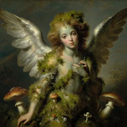 a close - up rococo portrait of an angelic alien creature covered in moss, mushrooms, and swamp. heavenly, 1 8 th century painting by jean - honore fragonard and moebius.